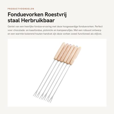 Dailygoods- Fonduevorken 6 Stuks - Roestvrij Staal - Houten Handvat - Herbruikbare Fonduespiesjes - Voor Kaas-/Chocoladefondue - Lichtgewicht en Stevig - Fonduesticks
