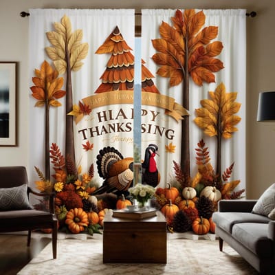 2 pièces HD Jour de Thanksgiving érable Coq citrouille rideau décoratif Jaune attache rideau imprimé numériquement Décoration de maison style de W52H63inchW132H160cm black