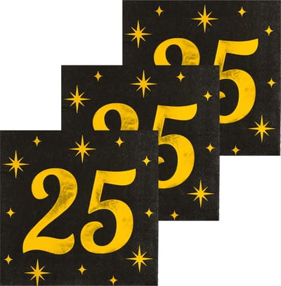 Paperdreams Verjaardag feest servetten - leeftijd 25 jaar - 48x stuks - zwart/goud - sterren - 33 x 33 cm
