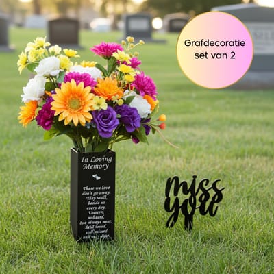 Janse® Metalen Grafdecoratie set van 2 - Grafvaas - Tuinsteker Miss you - Grafsteker - Bloemenvaas - Herdenking - Decoratie - Tuindecoratie - Memorial - Met drainage - Grondpen - Begraafplaats - Zwart - Weerbestendig