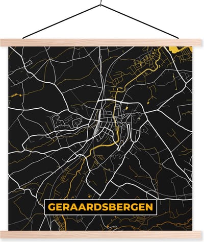 Posterhanger incl. Poster 40x40 cm - Schoolplaat - Goud - Stadskaart - Geraardsbergen - Plattegrond - Kaart - Textielposter - Blanke latten - Stadskaart