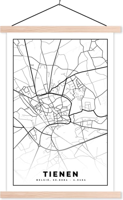 Posterhanger incl. Poster 40x60 cm - Schoolplaat - België – Tienen – Stadskaart – Kaart – Zwart Wit – Plattegrond - Textielposter - Blanke latten - Stadskaart