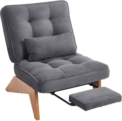 Fauteuil - Moderne verstelbare loungestoel - Grijze ribfluweel fauteuil - Stoel met verstelbare rugleuning - 127x73x90cm - Met voetensteun - Woonkamer Grijs