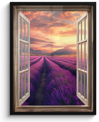 Poster in lijst - Fotolijst 50x70 cm - Posters - Doorkijk - Lavendel - Landschap - Bloemen - Paars - Posterlijst zwart - Decoratie - Wanddecoratie woonkamer - Muurdecoratie slaapkamer