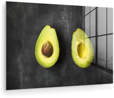 ® Glasschilderij 180x120 cm - Schilderij acrylglas - Avocado helften op een tafel - Foto op glas - Muurdecoratie woonkamer - Wanddecoratie slaapkamer - Schilderijen
