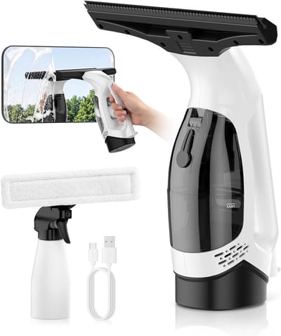 Ulisem - Draadloze glaswisser - 3-in-1 reiniger met spray, microvezeldoek en waterzuiger - 2200Pa sterke zuigkracht - Streepvrij en snel droog - 28 cm brede wisser voor groot oppervlak - Type-C oplaadbaar - Voor ramen, spiegels en tegels - Wit
