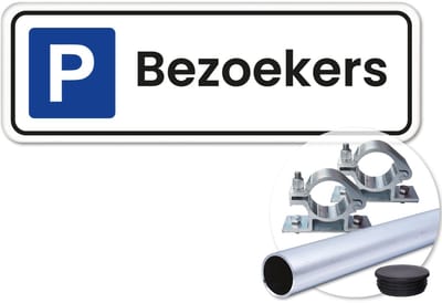 Parkeerbord Bezoekers - met kader - Weerbestendig Aluminium - 40x15 cm - Bevestiging: Met paal 120 cm + paalbeugels + paaldop