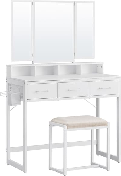 VASAGLE - Kaptafel - Kaptafel met Driedelige Spiegel - Inclusief Krukje - 3 Lades - Föhnhouder