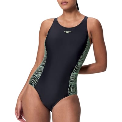 Speedo Placement Medalist 1 Piece Dames Sportbadpak - Badpak Dames met Stretch - Vormvast Zwempak Dames - Sportbadpak Dames met Medalist-rug - Zwart/Groen - 44