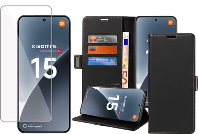 Book Case & Screenprotector geschikt voor Xiaomi 15 Hoesje Screenprotector - Gehard Glas Cover + Magnetische Sluiting - Portemonnee Rustic Zwart