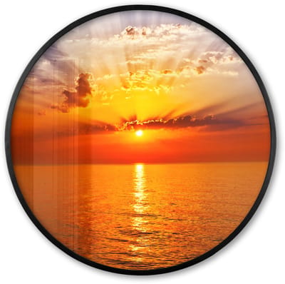 Poster in lijst Rond - Fotolijst 60x60 cm - Posters - Zonsondergang - Zee - Lucht - Oranje - Horizon - Water - Ronde posterlijst zwart - Decoratie - Wanddecoratie woonkamer - Muurdecoratie slaapkamer