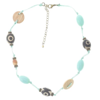 Behave® Ketting blauw groen met bruine houten kralen - 41 cm