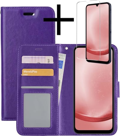Hoesje - Met Screenprotector - Geschikt voor Samsung Galaxy A25 - Luxe Pasjeshouder - Bookcase Portemonee - Flip Case - Kunstleer Book Case - Flipcase - Book Cover - Walletcase - Portemonneehoes - Paars