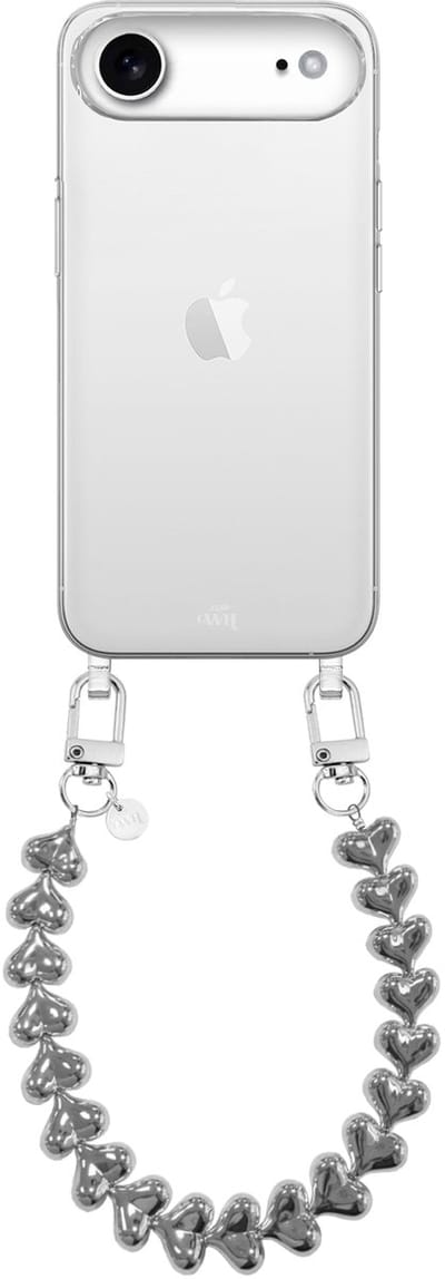 xoxo Wildhearts siliconen hoesje geschikt voor iPhone 17 Air hoesje - Funky Hearts - Telefoonhoesje - Hoesje met koord - Zilver koord - kort telefoonkoord - Hartjes ketting - Transparant hoesje
