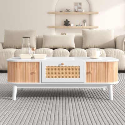 MODFU Salontafel 110*55*38.5cm van MDF met rattan accenten en massief houten deuren, landelijke uitstraling
