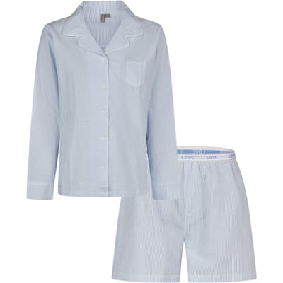 By Louise Dames Pyjama Set Shortama Blouse Lange Mouw Lichtblauw Gestreept Seersucker - Maat S