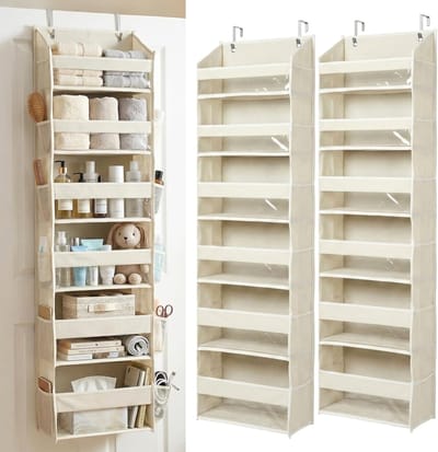Opbergrek Voor Boven De Deur - 139×35×17 Cm | Stevig Ophangrek Voor Aan De Deur | 6 Grote Voorvakken | 12 Zijvakken Van Gaas | Opbergrek Voor Badkamer, Slaapkamer of Kinderkamer | Ivoor