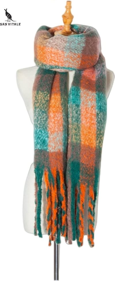 San Vitale® - 1.1 Luxe Winter Sjaal - Sjaal dames - Wol Mix - Omslagdoek - Geblokt - Groen/Oranje