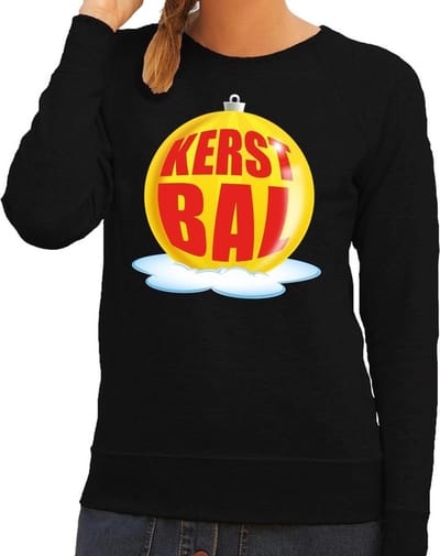 Foute kersttrui kerstbal geel op zwarte sweater voor dames - kersttruien S