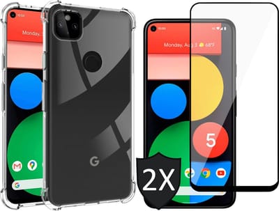 Hoesje geschikt voor Google Pixel 5 - Transparant Shock Proof Cover Case + 2x Screenprotector Tempered Glass Full Screen Protector Glas