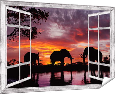 Gards Tuinposter Doorkijk Olifanten tijdens Zonsondergang - Silhouet - 180x120 cm - Tuindoek - Tuindecoratie - Wanddecoratie buiten - Tuinschilderij