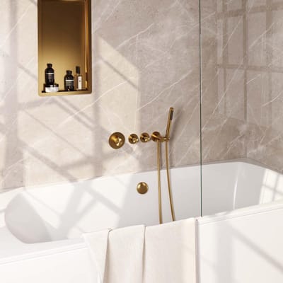 Brauer Gold Carving Thermostatische Inbouw Badkraan Badvulcombinatie - Staaf - Doucheslang - Wandaansluitbocht - Handdouche - Goud Geborsteld Pvd