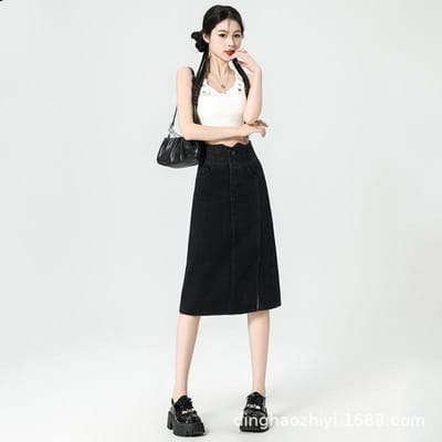 Denimrok met hoge taille voor dames In lente en zomer Nieuwe veelzijdige slanke rok met split Rechte heuprok A-lijn Midilengte rok XXL beige