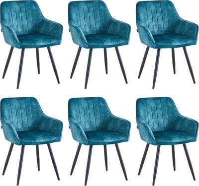 Colenis® - Ozzy Eetkamerstoel - Set Van 6 - Petrol - Adoré Velvet - Industrieel - Met armleuning