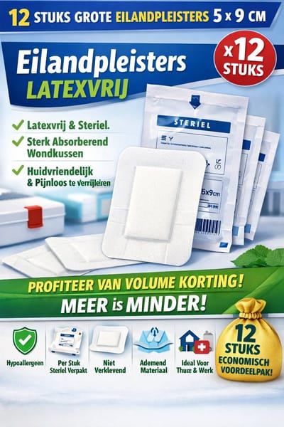 12 STUKS GROTE PLEISTERS EILANDPLEISTERS 5x9 CM  LATEXVRIJ & STERIEL  PERFECT VOOR WONDVERZORGING  ADEMEND, PIJNLOOS TE VERWIJDEREN & HUIDVRIENDELIJK  12 STUKS ECONOMISCH VOORDEELPAK  IDEAAL VOOR THUIS & PROFESSIONEEL GEBRUIK