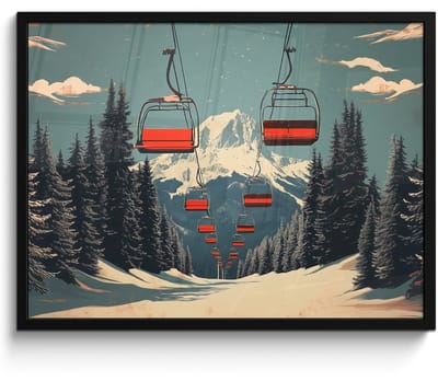 Poster in lijst - Fotolijst 70x50 cm - Posters - Sneeuw - Skilift - Rood - Bomen - Posterlijst zwart - Decoratie - Wanddecoratie woonkamer - Muurdecoratie slaapkamer