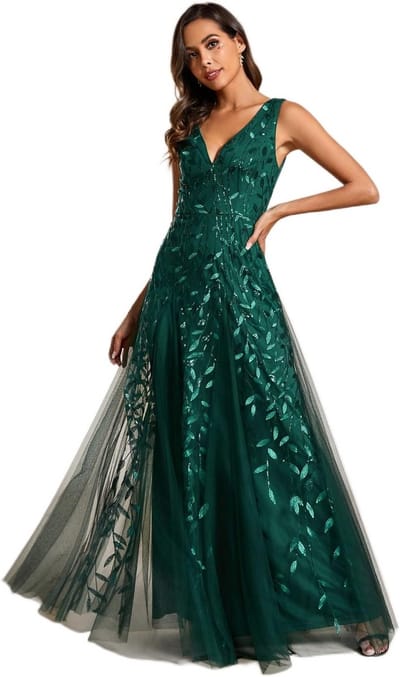 Dames Avondjurk met Sequins en Dubbele V-Hals | Mermaid Lengte | Tule met Geborduurd Patroon | 100% Nylon