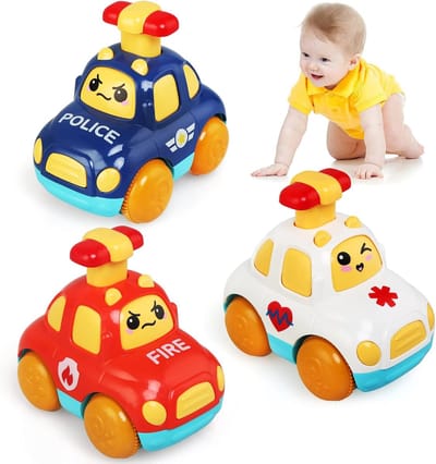 3 Stuks Druk & Ga Wrijvingsauto Speelgoed voor Peuters - Cartoon Brandweer Politie Ambulance Voertuig Set - Montessori Vroegonderwijs Duwauto's voor 1 2 3 Jaar Oude Jongens Meisjes Baby Cadeau