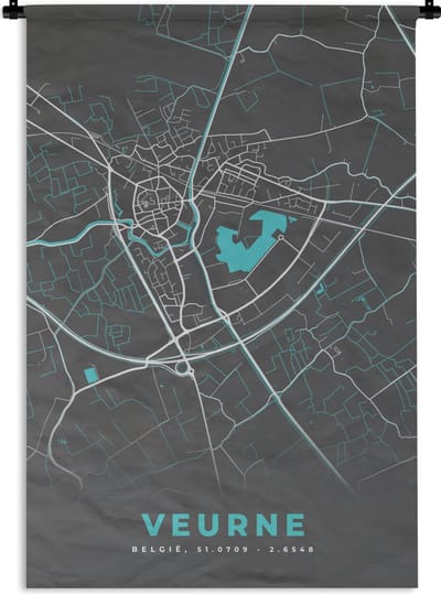 Wandkleed - Wanddoek - België – Veurne – Stadskaart – Kaart – Blauw – Plattegrond - 120x180 cm - Wandtapijt