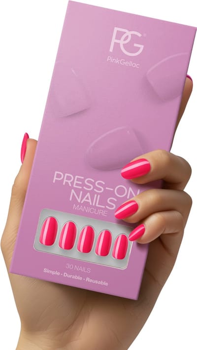 Pink Gellac Press On Nails - 161 Ibiza Pink - Round Medium Plaknagels - 30 Press On Nagels Met Lijm, 30 Plakstickers, Cleaner Wipe, Nagelvijl, Woodstick en Size Matcher - Snel Aan Te Brengen Plak Nagels - Voor 7-14 Dagen Mooie Nagels