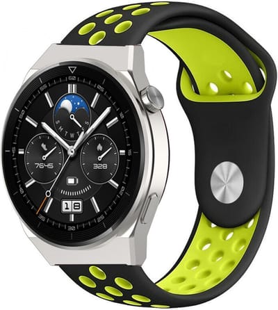 Strap-it Ademend sport siliconen bandje - geschikt voor Huawei Watch GT 1 / GT 2 / GT 3 / GT 3 Pro / GT 4 46mm / GT 5 & 5 Pro (46mm) / GT 2 Pro / GT Runner / Watch 3 (Pro) / Watch 4 (Pro) / Watch Ultimate - zwart/geel
