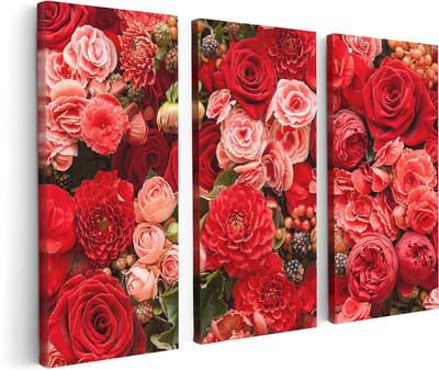 Artaza Canvas Schilderij Drieluik Rode En Roze Bloemen Met Fruit - Abstract - 120x80 cm - Wanddecoratie Woonkamer - Schilderijen - Muurdecoratie