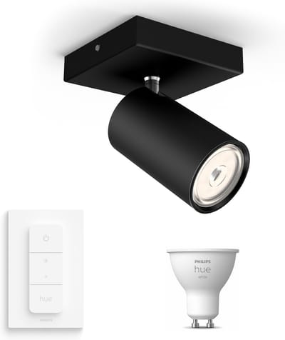 Philips Hue Kosipo Opbouwspot (Zwart) - Warmwit Licht - Incl. Hue Dimmer Switch - Wandspot of Plafondspot met 1 Lichtpunt - GU10 - Hue White