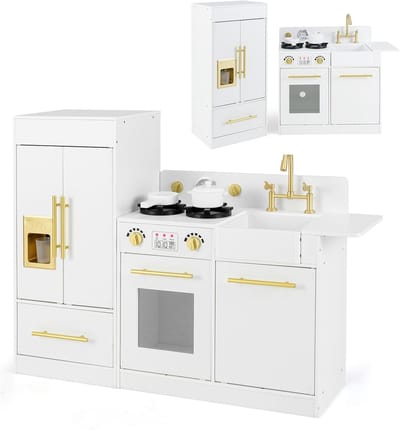 COSTWAY Kinderkeuken met koelkast, houten speelkeuken met fornuis, gootsteen en vaatwasser, speelgoedkeuken incl. accessoires, houten keuken voor kinderen vanaf 3 jaar