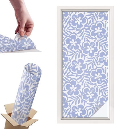 Tulup Raamfolie Anti inkijk - Hibiscusbloemen Privacy Folie Raam - 50x116 cm - Blauw Anti inkijk Folie - Raamfolie Tegen inkijk Glas in Lood - Voor de slaapkamer, badkamer en woonkamer. - Raamfolie Zonwering