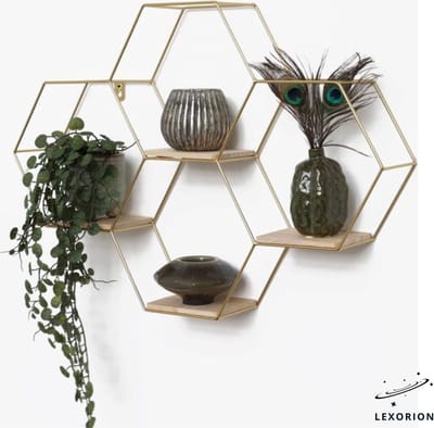 Lexorion Goud Industrieel Metalen Wandrek met 4 Houten Planken - Vierdubbel Zeshoekig Design - Decoratieve Wandplank voor Woonkamer, Slaapkamer en Hal - 40,5 x 58 cm