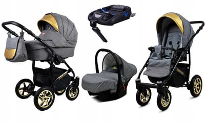 BabyLux® Kinderwagen 4in1 – GOLDLUX - FLAXEN BLACK FRAME - Opklapbare Wandelwagen incl. Reiswieg, Multifunctionele Buggy Sportstoel, Autostoel, ISOFIX basisstation - Combi-kinderwagen met Luiertas, Regenhoes, Klamboe