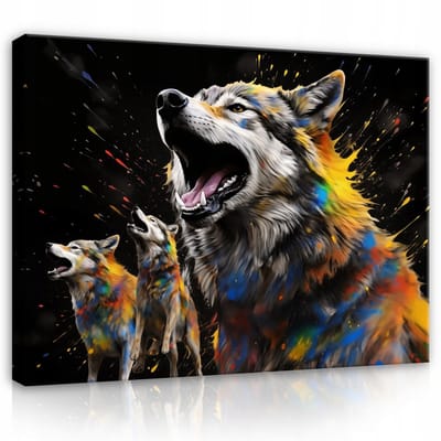 WALLARENA - Canvas schilderij - 100x70 cm - abstracte wolven in zwart voor slaapkamer en woonkamer