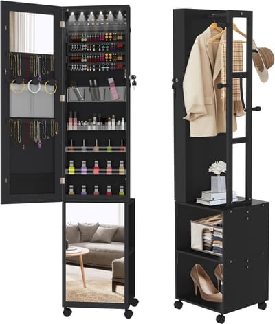 NAIZY Sieradenkast met spiegel spiegelkast make-upkast met wielen en 6 LED's afsluitbare sieradenopberger make-up organizer 3 in 1 met passpiegel staande spiegel, zwart