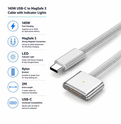 EISENZ USB-C naar MagSafe 3 Kabel 140W – 2 Meter Snellaadkabel met LED Indicator – Nylon Gevlochten – Geschikt voor MacBook | EISENZ USB-C to MagSafe 3 Cable 140W – 2M Fast Charging Cable with LED Indicator