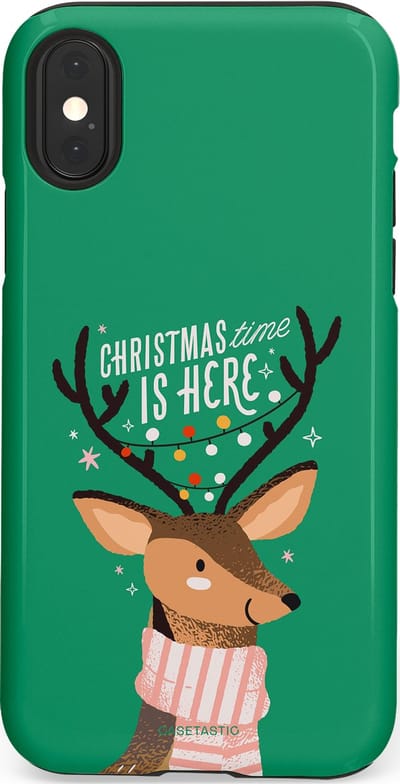 Casetastic hoesje geschikt voor Apple iPhone X / Apple iPhone XS - Dubbellaagse bescherming - Rudolf het Rendier op het groen - Fashion Case - Turquoise Perzik Donkergroen