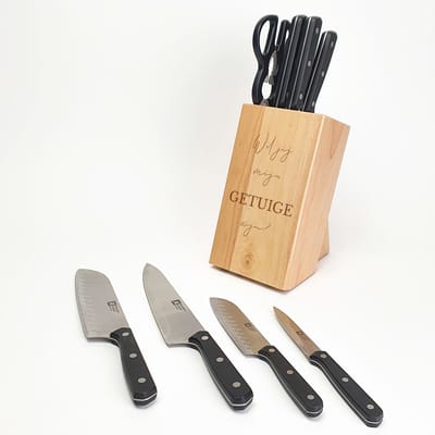 Houten messenblok - Getuige vragen - Wil jij mijn getuige zijn - Cadeau voor getuige - Gepersonaliseerd cadeau - Gegraveerde messenblok