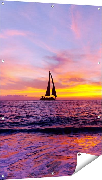 Gards Tuinposter Zeilboot Silhouet bij Zonsondergang - 80x120 cm - Tuindoek - Tuindecoratie - Wanddecoratie buiten - Tuinschilderij