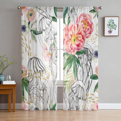 Ranunculus Anemoon Kwallen Bloemen Chiffon Transparante Gordijnen voor Woonkamer Slaapkamer Decoratie Raam Voiles Tule Gordijn 135W x 114H(cm) white