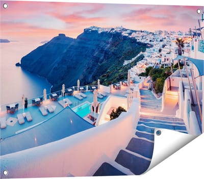 Gards Tuinposter Luxe Huisjes aan de Kust in Fira, Griekenland - 80x60 cm - Tuindoek - Tuindecoratie - Wanddecoratie buiten - Tuinschilderij
