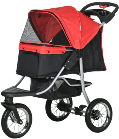 Hondenwagen, huisdierenbuggy voor honden en katten, opvouwbaar met 3 wielen, Oxford‑stof, rood‑zwart, 109,5 x 54,5 x 106,5 cm